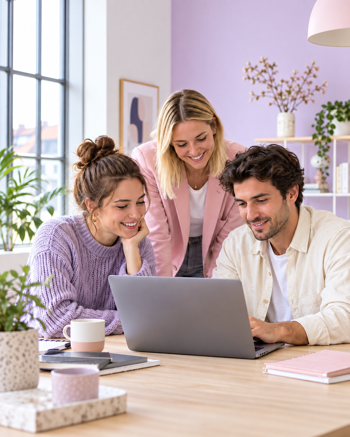 Paid media professionals collaborating around a laptop in a bright office